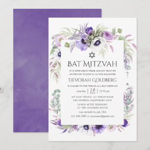Ultra Violette Wasserfarben-Blumen-Bat-Mizwa Einladung