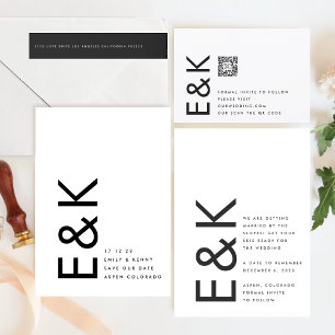 Ultramoderne Schwarz/Weiß-Monogramm ohne Foto Save The Date