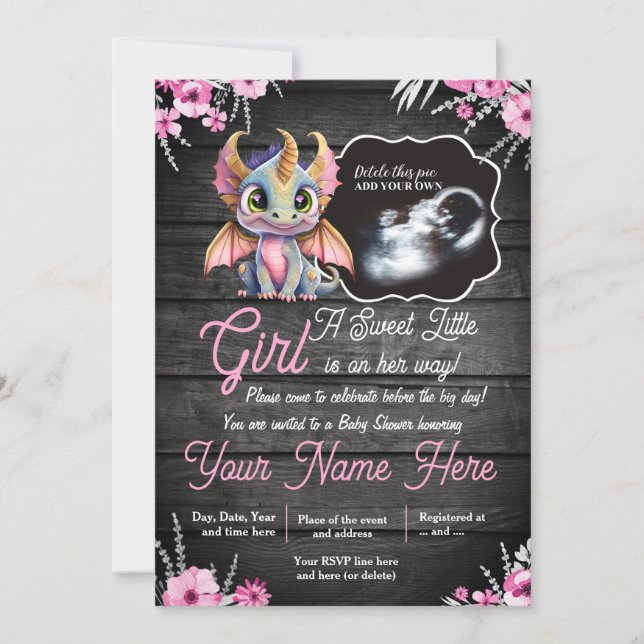 Ultrasound Girl Dragon Baby Shower Einladung (Vorderseite)