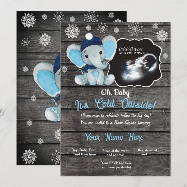 Ultrasound Winter Elephant Babydusche Einladung (Vorne/Hinten)