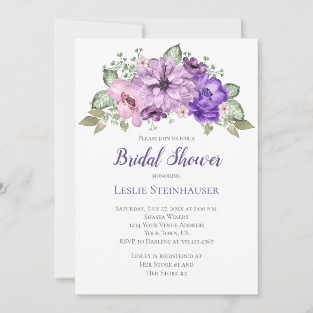 UltraViolet Lila Sage Green Floral Brautparty Einladung (Vorderseite)