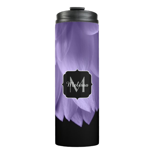 Ultraviolett, lila Blume, Schwarz Monogramm Thermosbecher (Vorderseite)