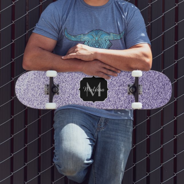 Ultraviolett lila Glitzer-Funkeln Monogramm Skateboard (Außenbereich 3)