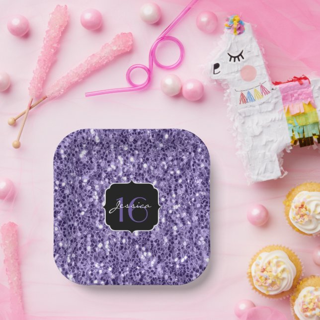 Ultraviolett lila Glitzer Glitzern Sweet 16 Pappteller (Party)