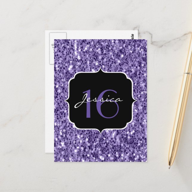 Ultraviolett lila Glitzer Glitzern Sweet 16 Postkarte (Vorderseite/Rückseite Beispiel)