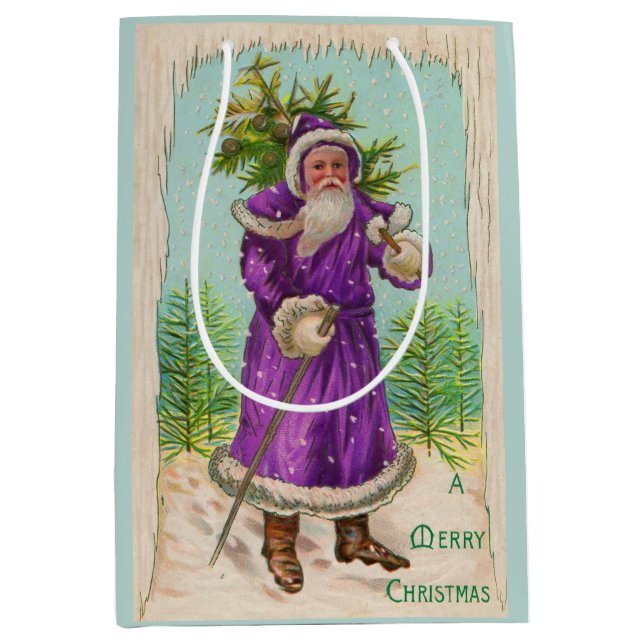 Um 1910 Weihnachtsmann in lila Gewand Mittlere Geschenktüte (Vorderseite)