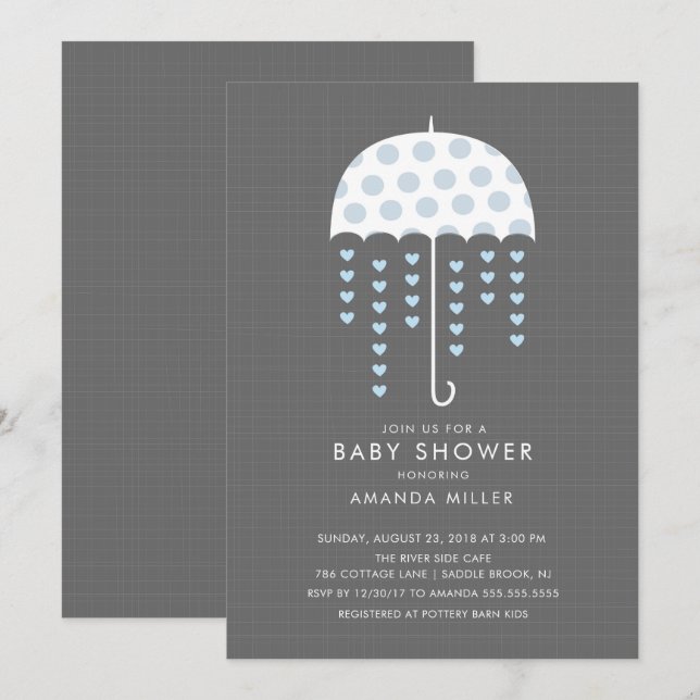 Umbrella Baby Boy Shower Invitation (Devant / Derrière)