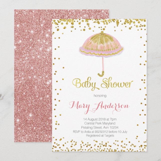 Umbrella Baby Dusche Einladung Gold Glitzer (Vorne/Hinten)