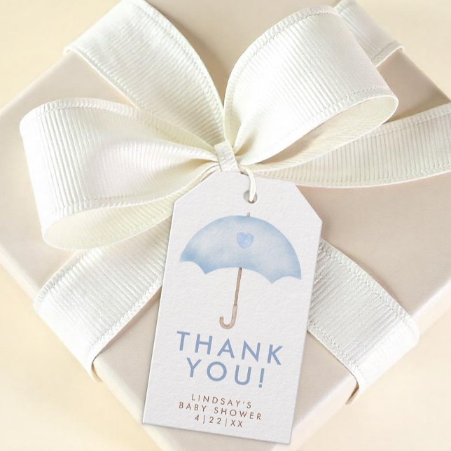 Umbrella Baby Dusche Geschenkanhänger (Blue Umbrella Baby Shower Thank You Gift Tag)