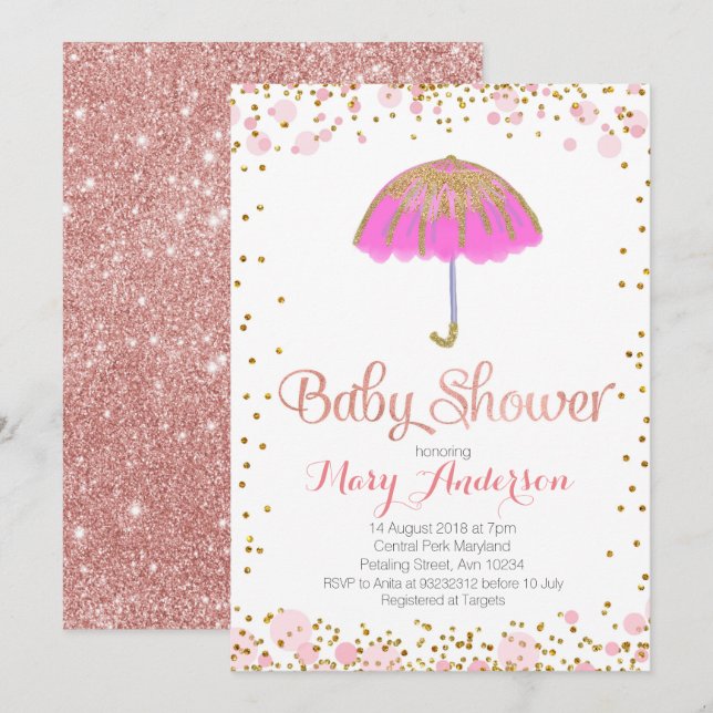 Umbrella Baby Shower Einladung Gold Glitzer PINK (Vorne/Hinten)