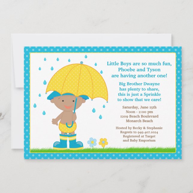 Umbrella Baby Sprinkle Dusche African American Boy Einladung (Vorderseite)