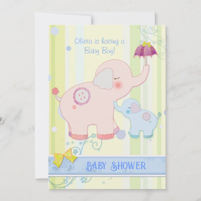 Umbrella Elephants Baby Boy Baby Dusche Einladung (Vorderseite)