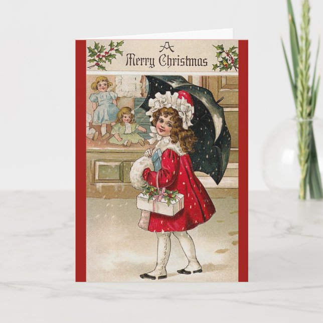 Umbrella Girl Vintage Weihnachtskarte Feiertagskarte (Vorderseite)