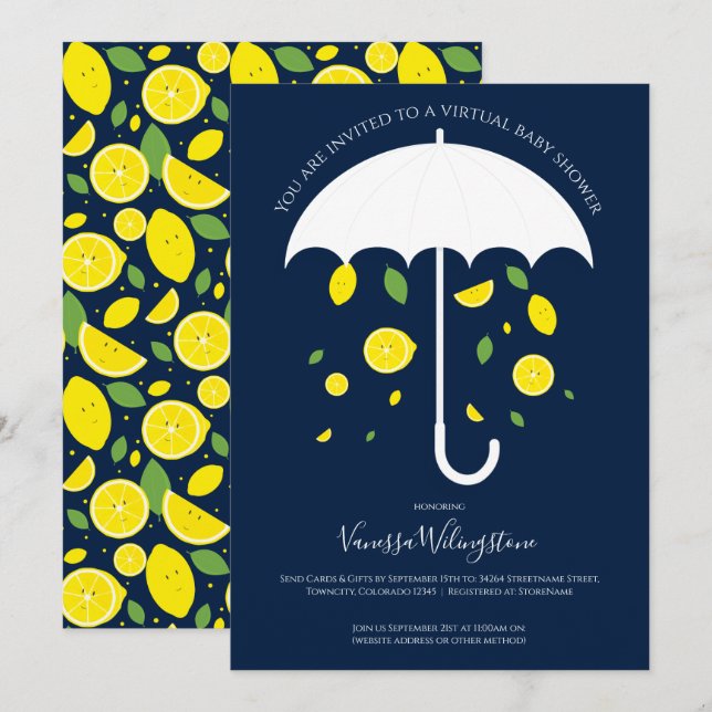 Umbrella Lemons Blue White Virtual Baby Dusche Einladung (Vorne/Hinten)