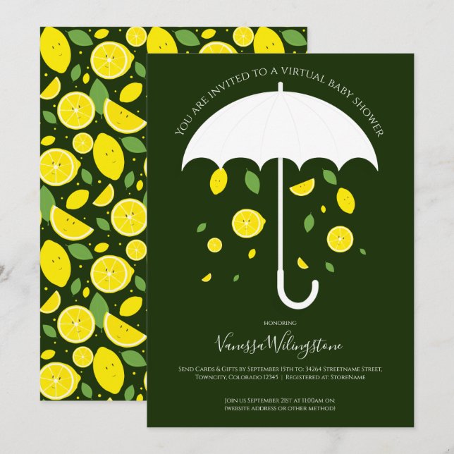 Umbrella Lemons Green Cartoon Virtual Baby Dusche Einladung (Vorne/Hinten)