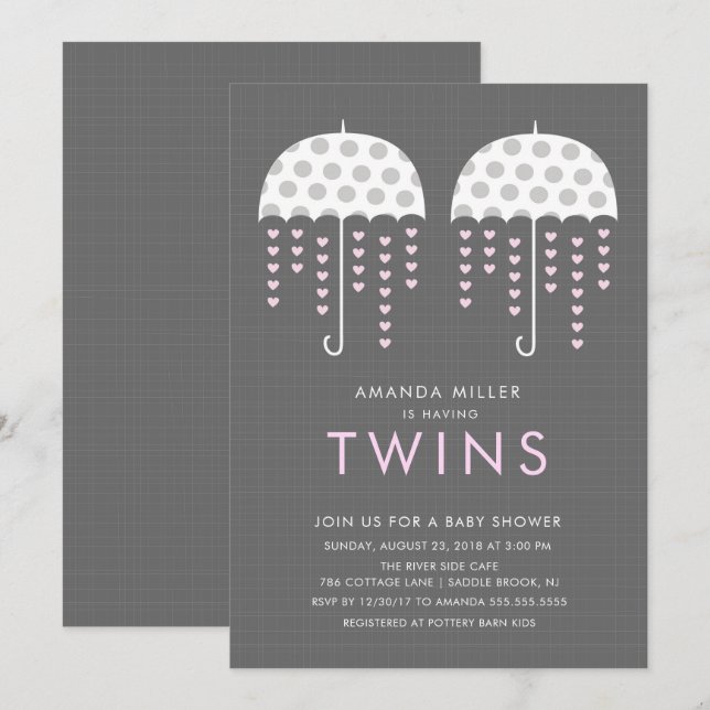 Umbrella TWINS Girls Kinderdusche Einladung (Vorne/Hinten)