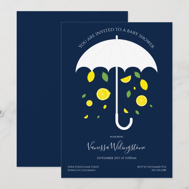 Umbrella White Blue Lemons Babydusche Einladung (Vorne/Hinten)