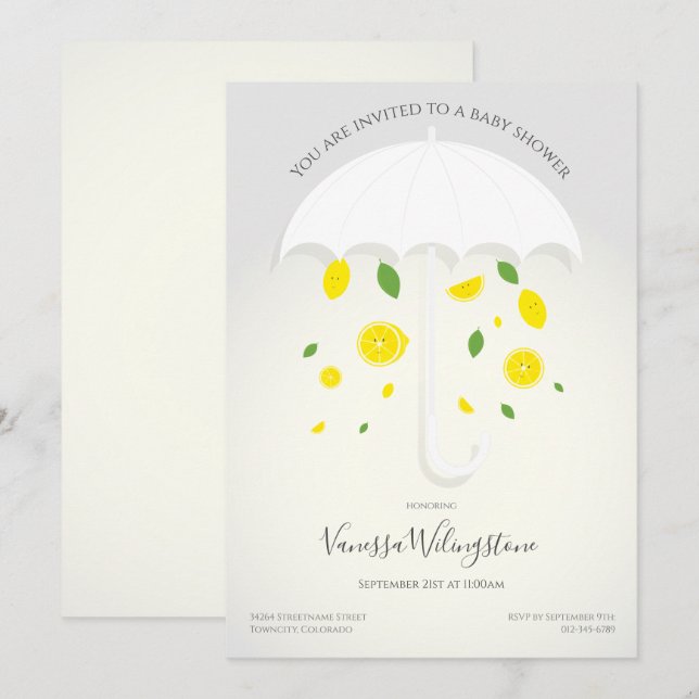 Umbrella White Gray Lemons Cartoon Babydusche Einladung (Vorne/Hinten)