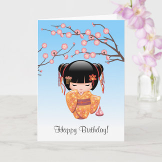 Ume Kokeshi Doll — Japanisch Geisha Blue Birthday Karte