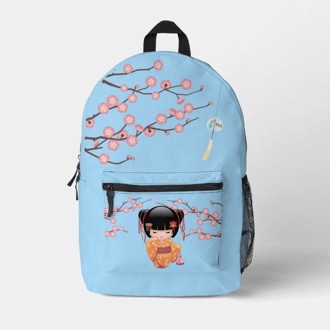 Ume Kokeshi Doll - Japanisch Geisha Girl Blue Bedruckter Rucksack (Vorderseite)