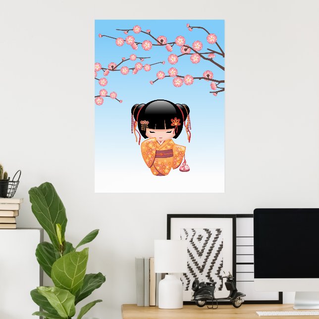 Ume Kokeshi Doll - Japanisch Geisha Girl Blue Poster (Heimbüro)