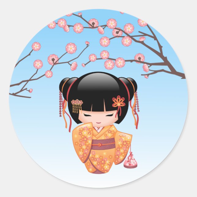 Ume Kokeshi Doll - Japanisch Geisha Girl Blue Runder Aufkleber (Vorderseite)