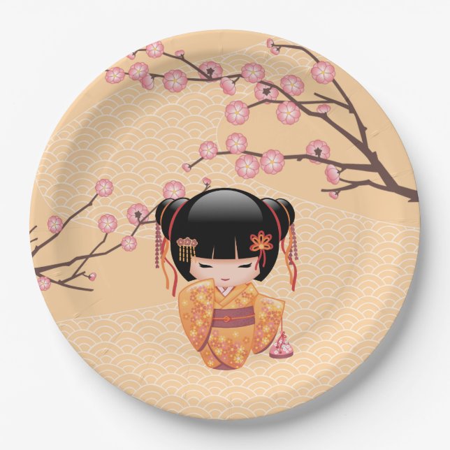 Ume Kokeshi Doll - Japanisch Peach Geisha Girl Pappteller (Vorderseite)