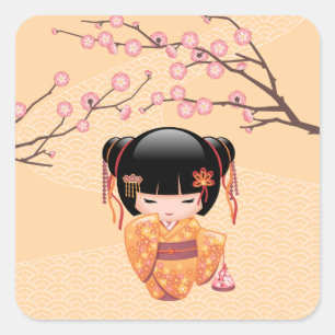 Ume Kokeshi Doll - Japanisch Peach Geisha Girl Quadratischer Aufkleber