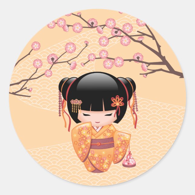 Ume Kokeshi Doll - Japanisch Peach Geisha Girl Runder Aufkleber (Vorderseite)