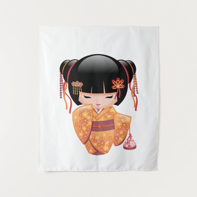 Ume Kokeshi Doll - Japanisch Peach Geisha Girl Wandteppich (Vorderseite)