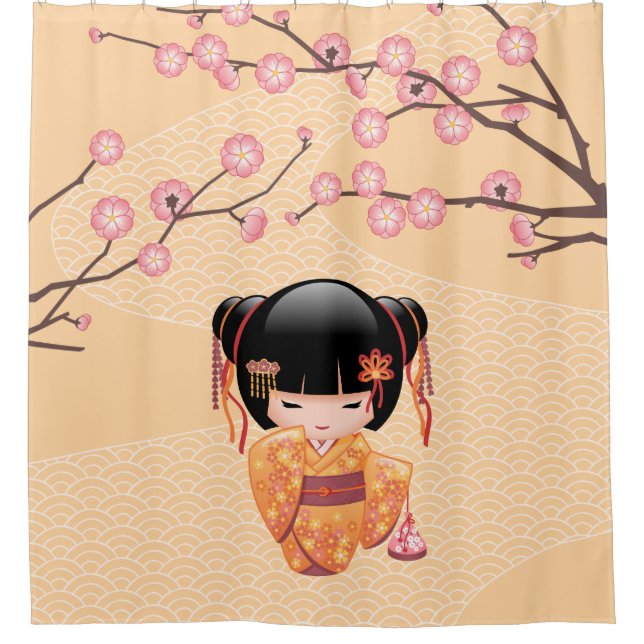 Ume Kokeshi Doll Japanischer Peach Geisha Girl Yel Duschvorhang (Vorderseite)
