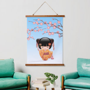Ume Kokeshi Puppe - Japanisches Geisha-Mädchen Bla Wandteppich Mit Holzrahmen