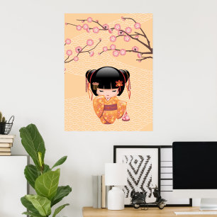 Ume Kokeshi Puppe - Japanisches Mädchen in Pfirsic Poster