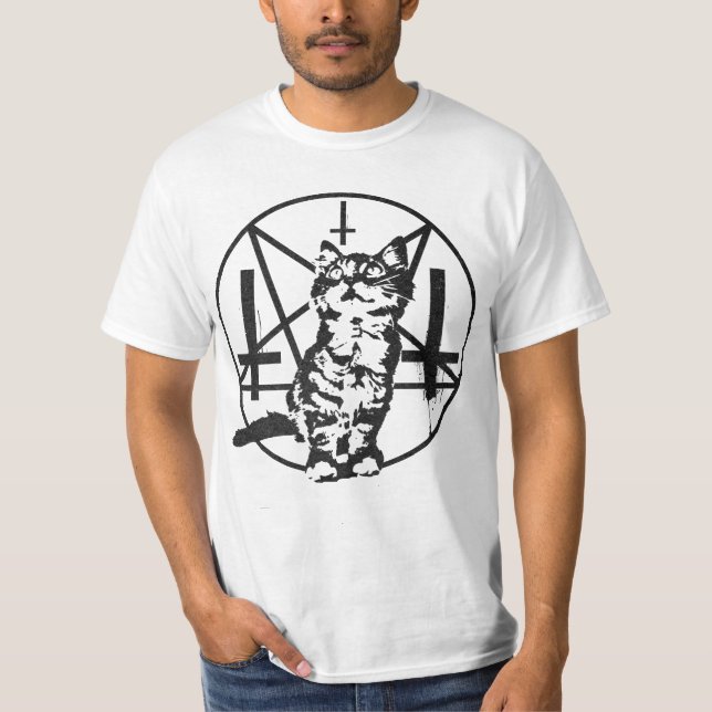 Umgekehrtes Kreuz-u. Pentagramm-Kätzchen T-Shirt (Vorderseite)