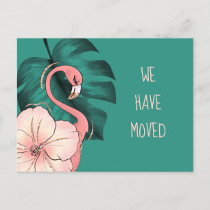 Umgezogen nach Florida Rosa Flamingo Monstera-Blat Ankündigungspostkarte