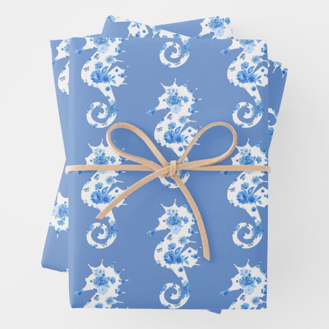 Umhüllungsblätter aus blauem und weißem Seepferd Geschenkpapier Set (Beispiel)