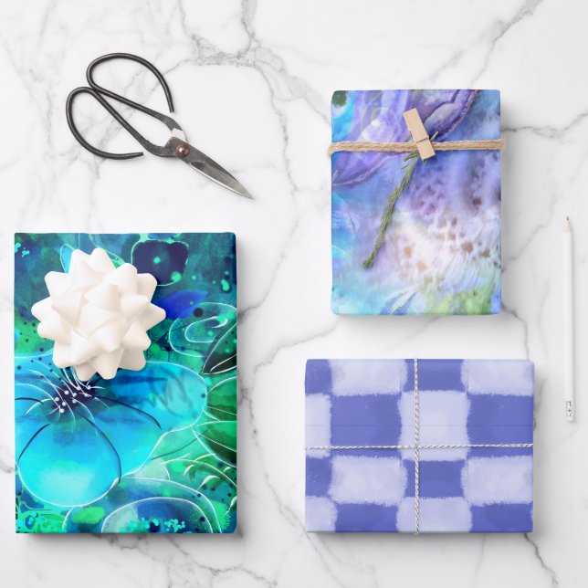 Umhüllungspapier Flachblatt Set 3pc Blau Aquamarin Geschenkpapier Set (Vorderseite)