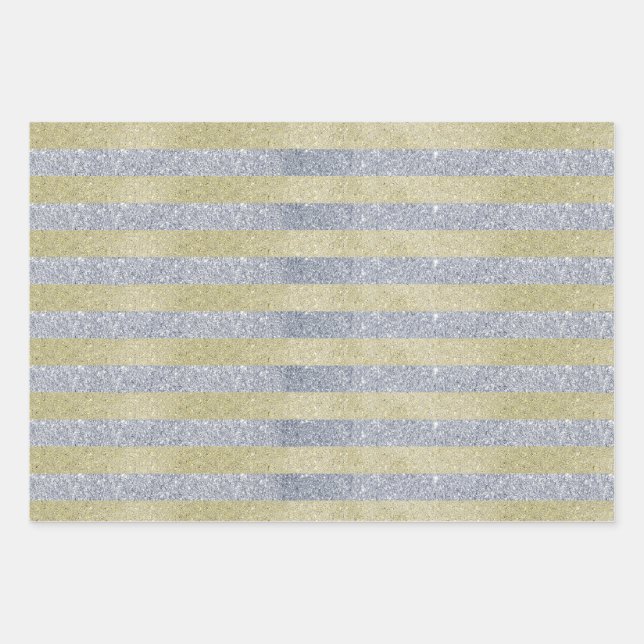 Umhüllungspapierblätter aus Silber und Gold Streif Geschenkpapier Set (Vorderseite)