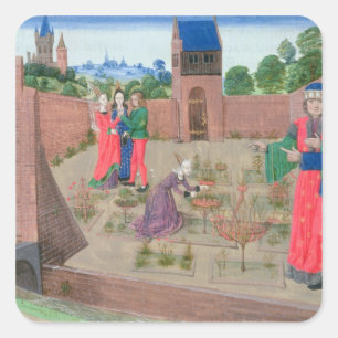 Ummauerter Garten mit einer Frauengartenarbeit Quadratischer Aufkleber