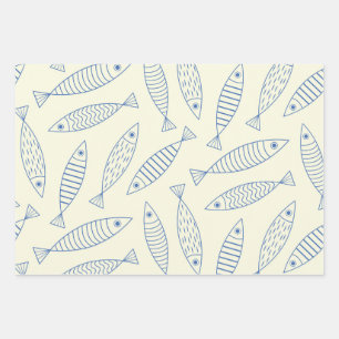 Umriss Doodle Blaue Sardinen Fisch Muster  Geschenkpapier Set