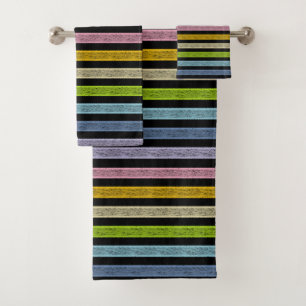 Umrissenes Streifen-Pastellregenbogen-Schwarzes Badhandtuch Set
