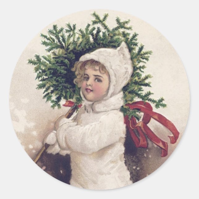 UMSCHLAG AUFKLEBER: KLEINES MÄDCHEN + WEIHNACHTBAU RUNDER AUFKLEBER (Vorderseite)