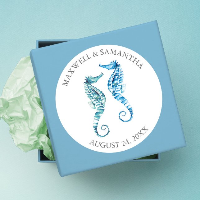 Umschlag Aufkleber Sticker, Blue Seepferd Beach Ho (wedding stickers for favors unique watercolor seahorse art by Victoria Grigaliunas)