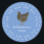 Umschließendes Datum Eierkarton Etiketten Cornflow Runder Aufkleber<br><div class="desc">Rustikale und einfache Hühnereier-Etiketten mit Ihrem Firmennamen in weißer, moderner Typografie auf einem kornblumenblauen Hintergrund zeichnen sich durch einen stilvollen Vintagen Hühnerdruck aus. Fügen Sie einfach den Namen Ihres Hausmeisters in das Etikett ein und umkreisen Sie das korrekte Datum Ihrer frischen Eier. Exklusiv für Sie entworfen von Happy Dolphin Studio....</div>