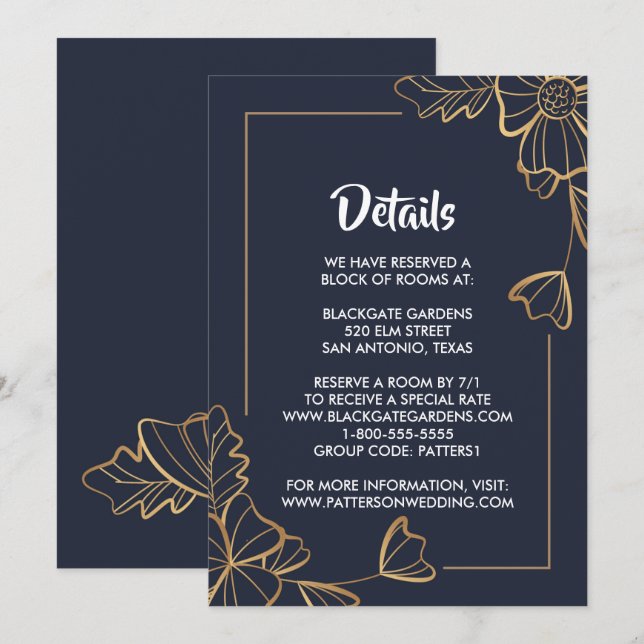 Umschließung von Navy und goldener Blumen Einladung (Vorne/Hinten)