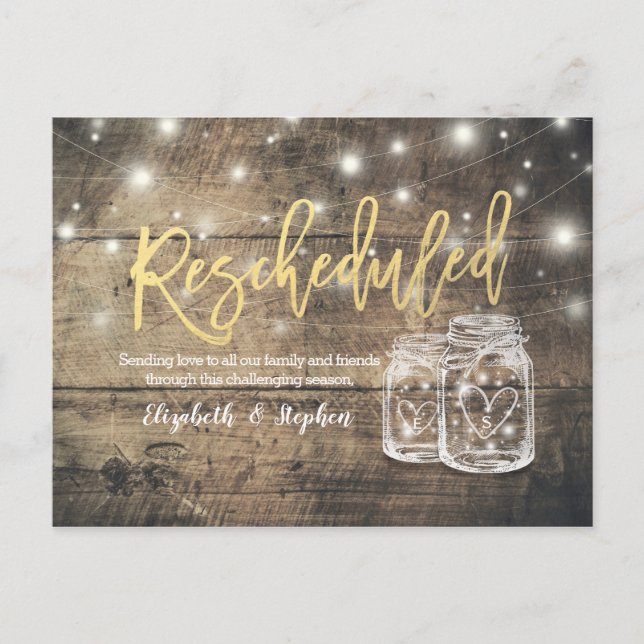 Umschulung Hochzeitspause Mason Jars Wood Ankündigungspostkarte (Vorderseite)
