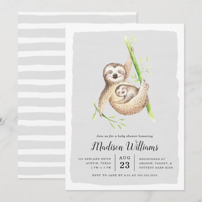 Umschweifen | Sloth Baby Shower Einladungen (Vorne/Hinten)