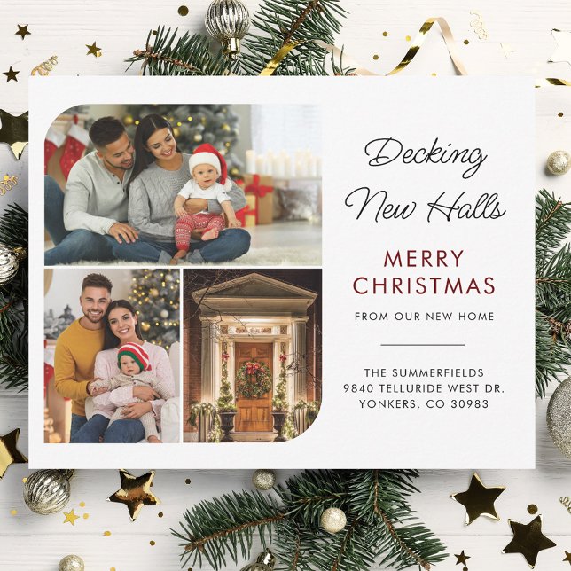 Umzug des Weihnachtsfeiertages-Fotos Feiertagskarte (Decking New Halls Photo Collage Christmas Moving Announcement)