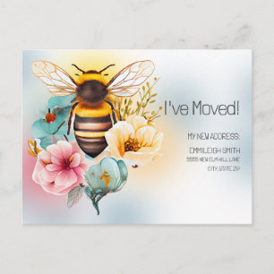 Umzugsmeldung Frühlings-Aquarell-Blumen-Biene Postkarte