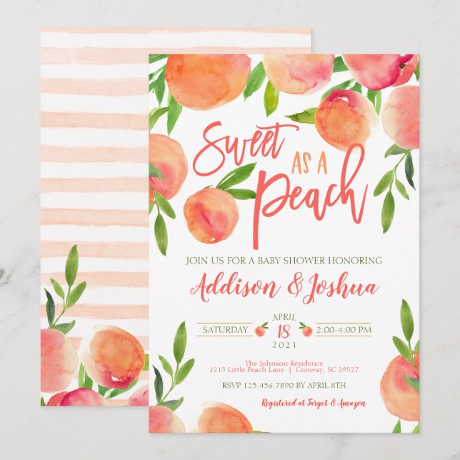 Un Baby shower sucré à la pêche Invitation (Devant / Derrière)